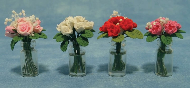 1:12 Holzvase mit Rosen 4cm Gesamthöhe für die Puppenstube BL4007 